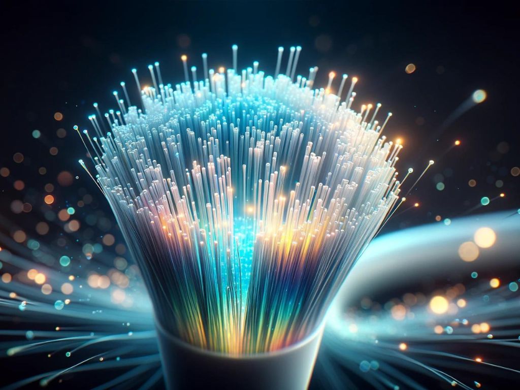 Close-up view of a single fiber optic cable in landscape orientation, showing the detailed structure with a translucent outer coating and multiple light-carrying fibers inside. The background is dark and blurred, emphasizing the bright, colorful lights transmitted through the cable in vibrant blue and green hues.