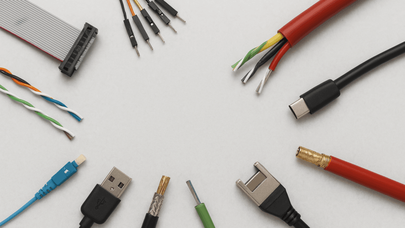 A flat lay display of assorted electrical and data cables arranged in a circular pattern on a light background, including ribbon cables, jumper wires, USB cables, twisted pair cables, and fibre optic connectors.