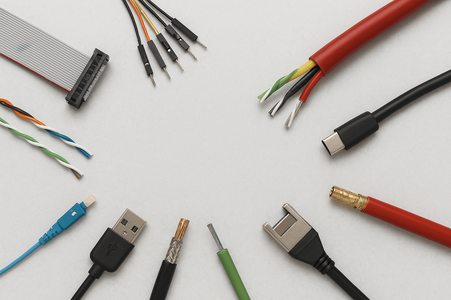 A flat lay display of assorted electrical and data cables arranged in a circular pattern on a light background, including ribbon cables, jumper wires, USB cables, twisted pair cables, and fibre optic connectors.