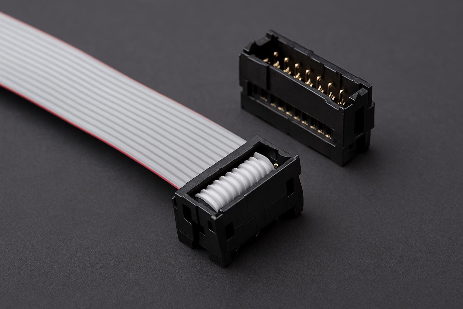 A grey flat IDC ribbon cable connected to a black insulation displacement connector, used for internal computer and electronic device connections.