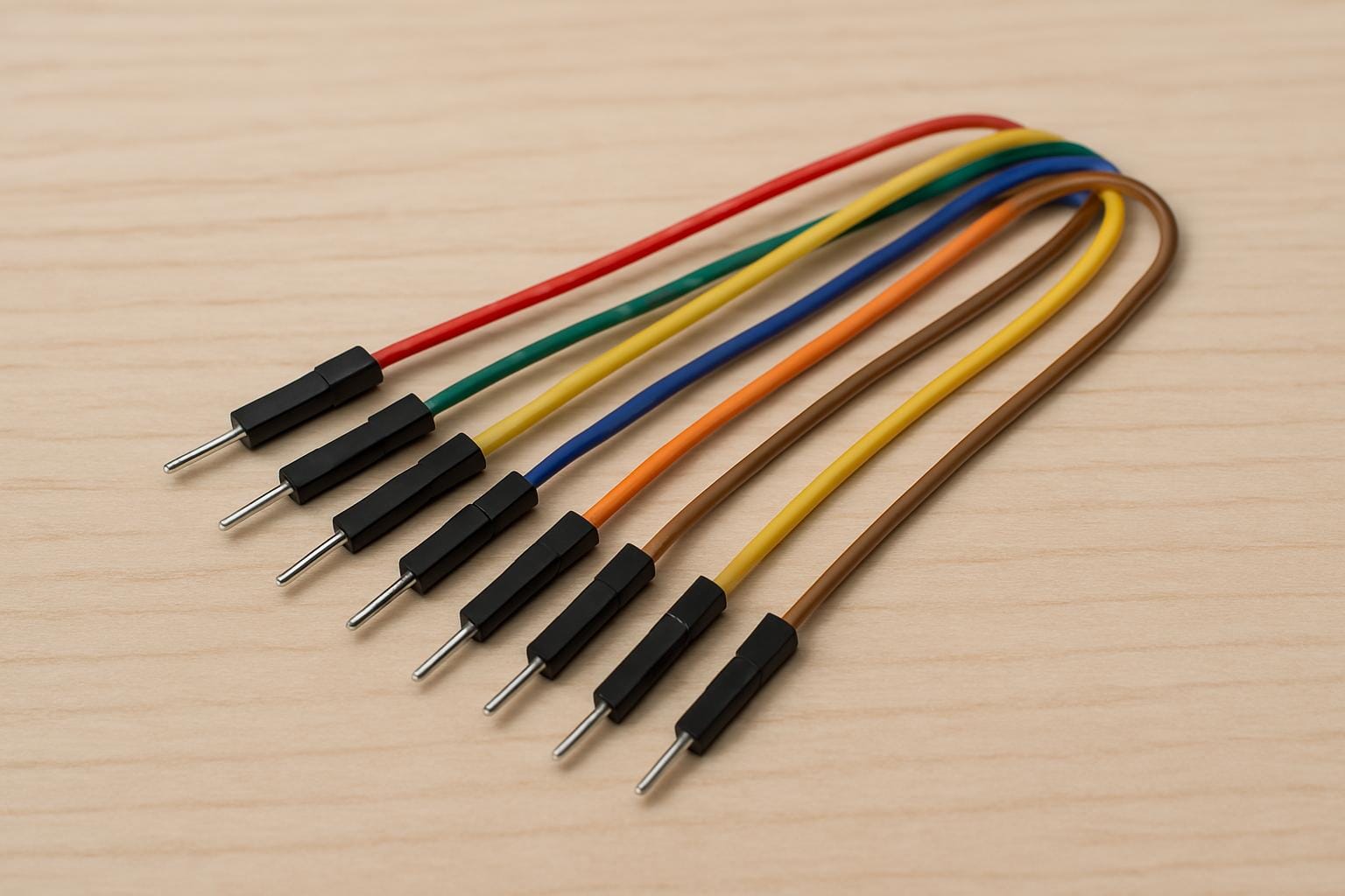 A set of multicoloured jumper wires with male connectors, commonly used in breadboarding and electronics prototyping.