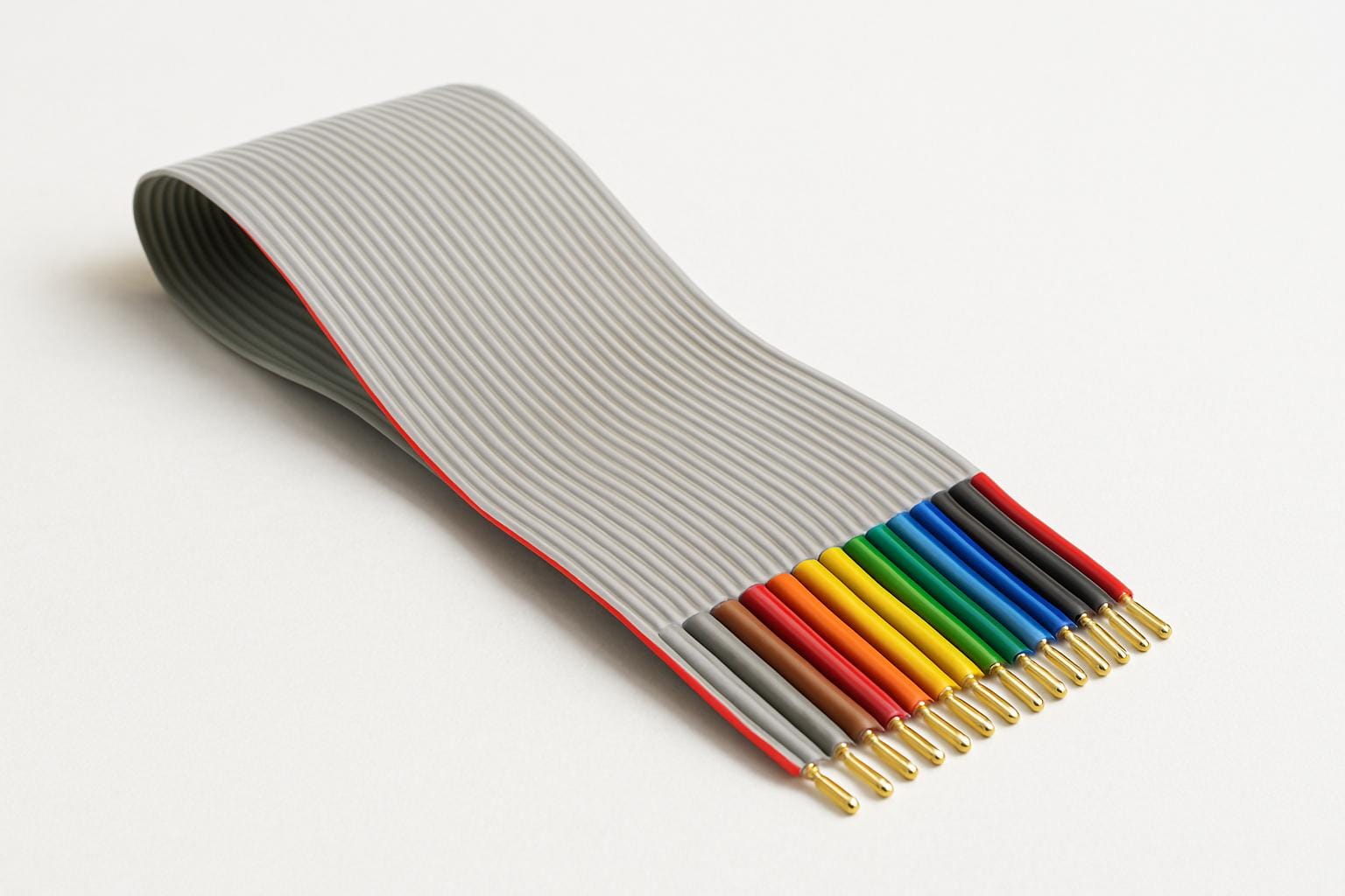 A gray ribbon cable with individual colored wires exposed at one end, used for organised electrical connections in electronic circuits.