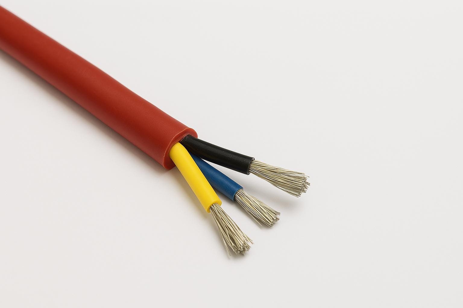 A red silicone rubber insulated cable showing three internal stranded wires in black, yellow, and blue for flexible electrical connections.
