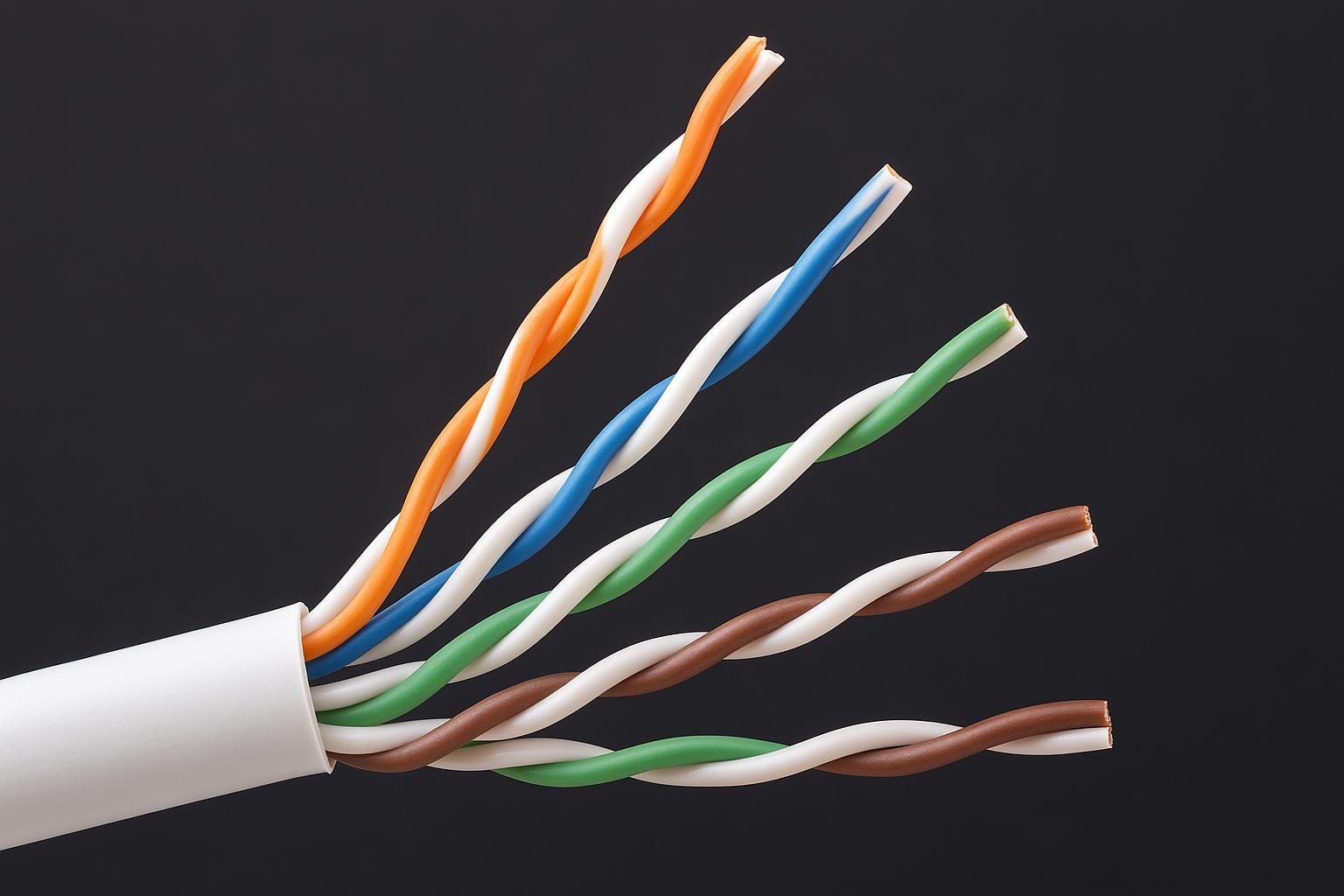Close-up of a twisted pair cable with multiple colour-coded pairs of wires, typically used for networking and telecommunications.