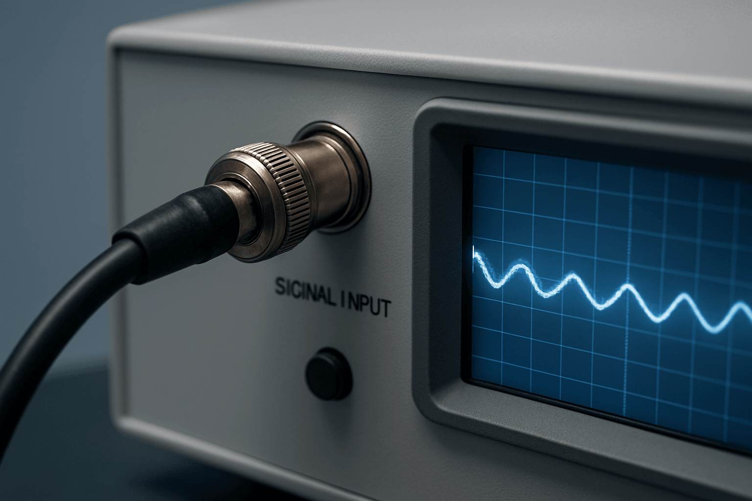 Close-up of a coaxial cable connected to a signal input port with a clear waveform on a medical monitor.