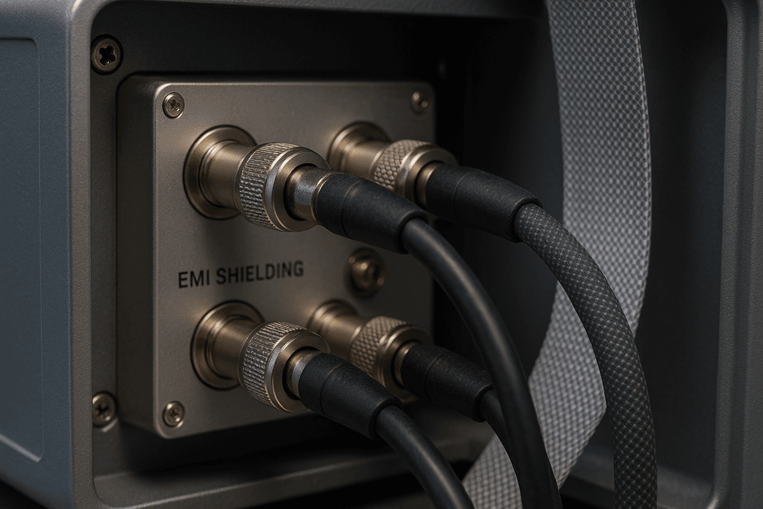 Multiple coaxial cables plugged into an EMI-shielded port on a medical device, with a fabric cable running alongside.