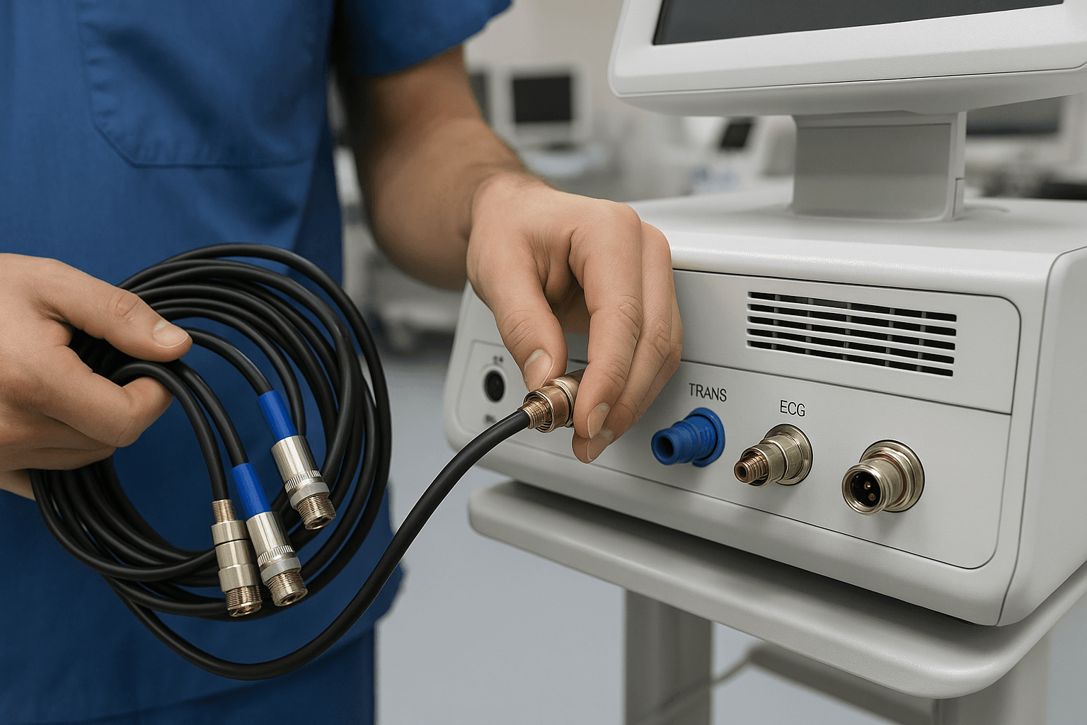 Technician in blue scrubs connecting coiled coaxial cables to a white medical device with labeled ports.