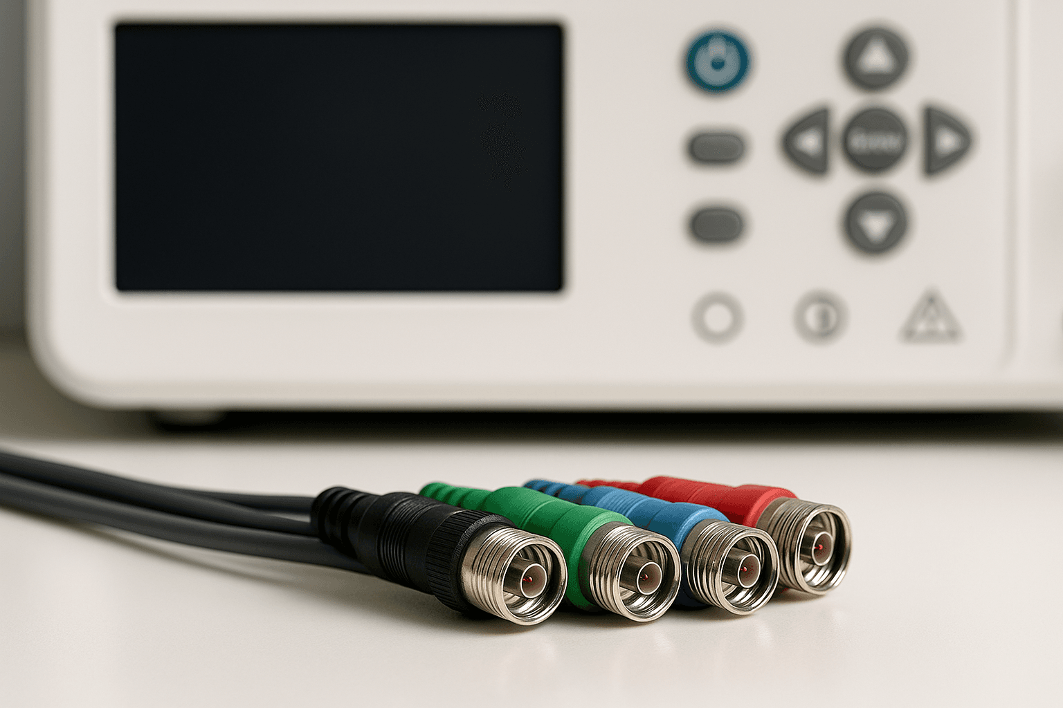 Four colour-coded coaxial cable connectors resting on a white surface in front of a medical control panel.