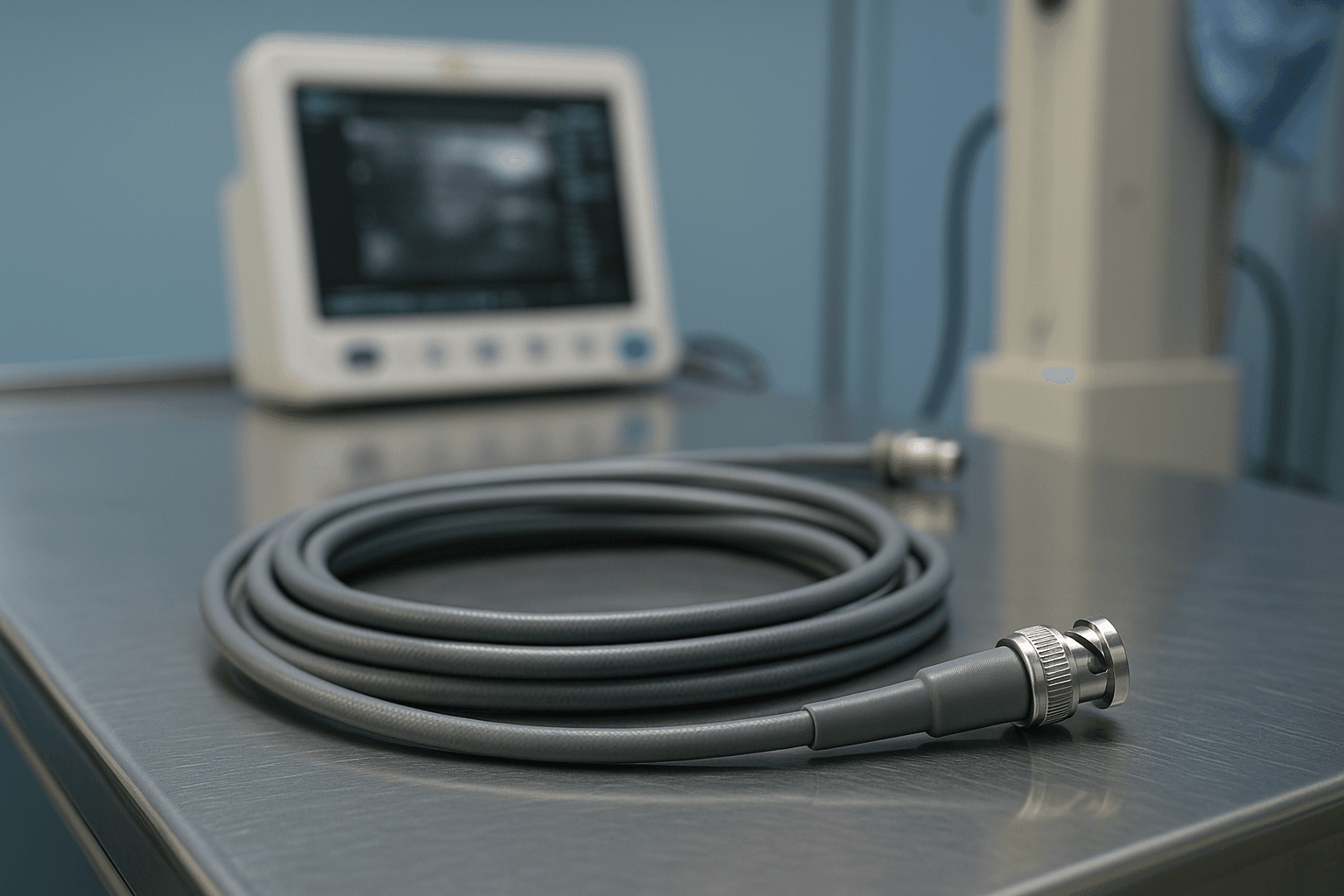 Coiled coaxial cable on a stainless steel table with a portable medical monitor in the background.