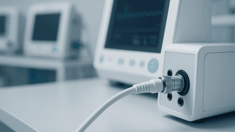 Close-up of a white coaxial cable connected to a modern medical device, with additional monitors blurred in the background of a clinical setting.