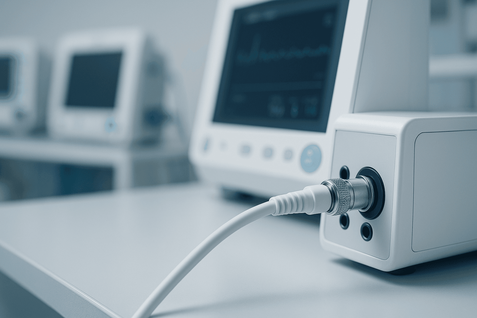 Close-up of a white coaxial cable connected to a modern medical device, with additional monitors blurred in the background of a clinical setting.