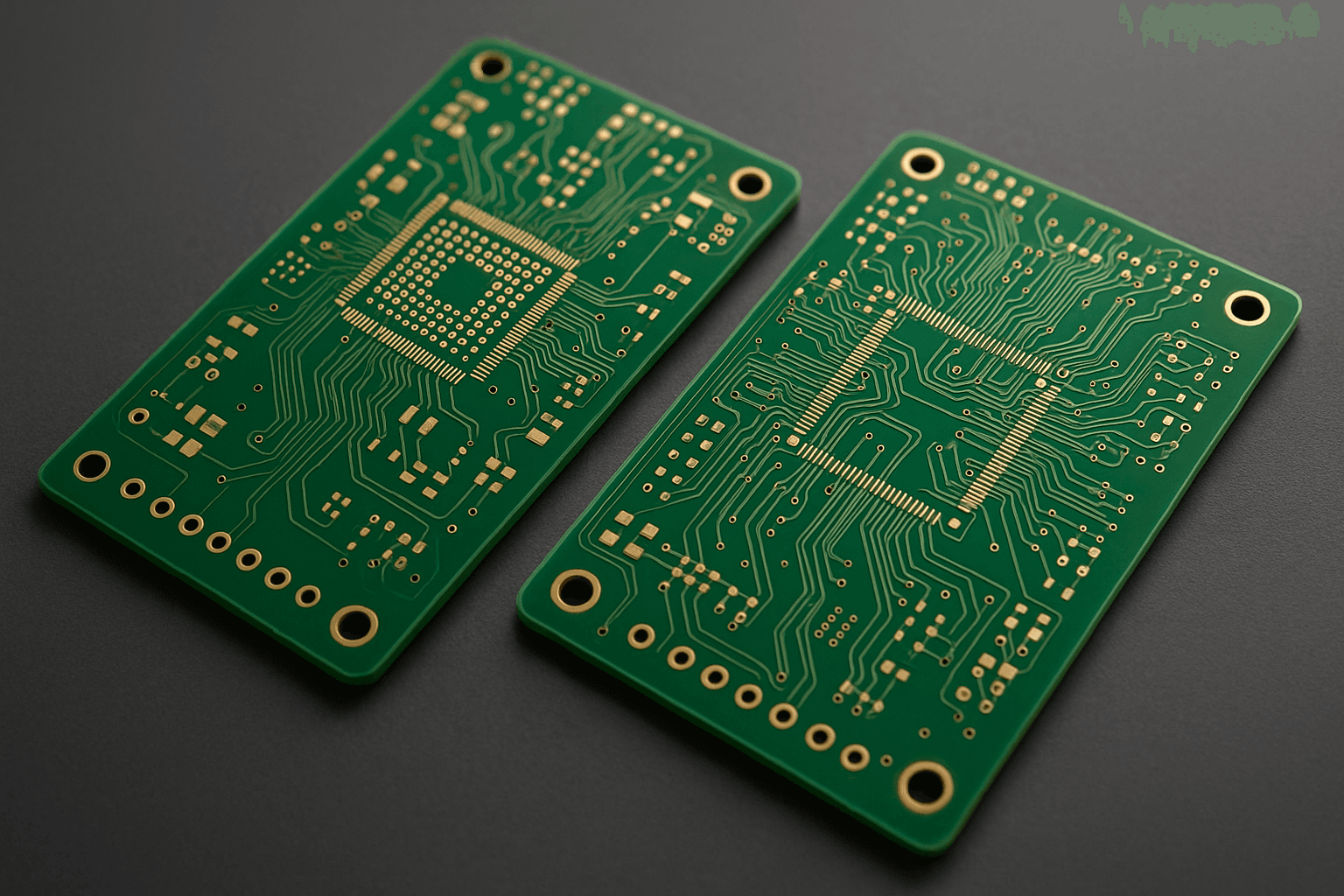 Double-sided printed circuit boards showing copper traces and through-hole connections