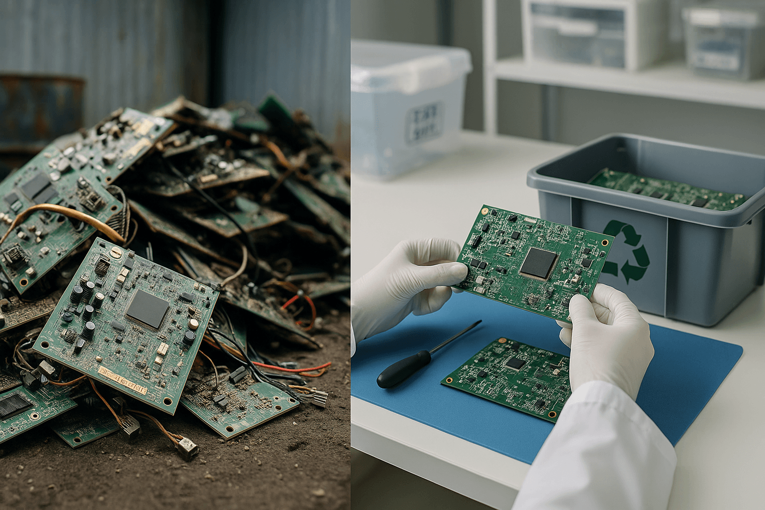 Split image showing discarded PCBs in e-waste on the left and clean PCB recycling on the right.