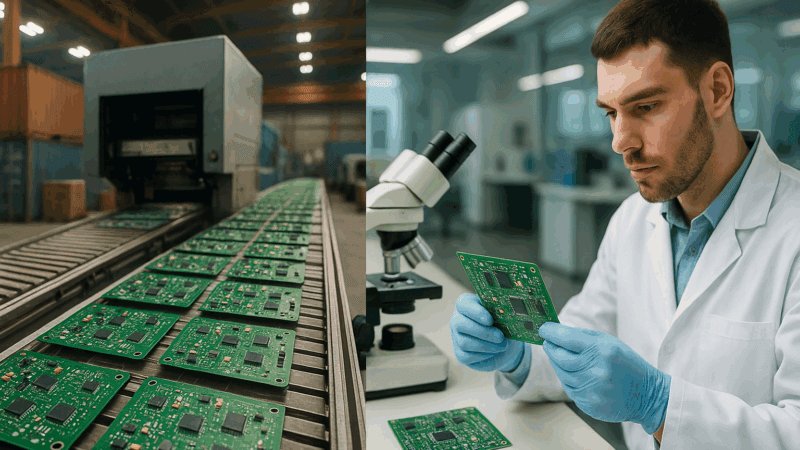 Side-by-side comparison of offshore PCB mass production and onshore lab inspection.