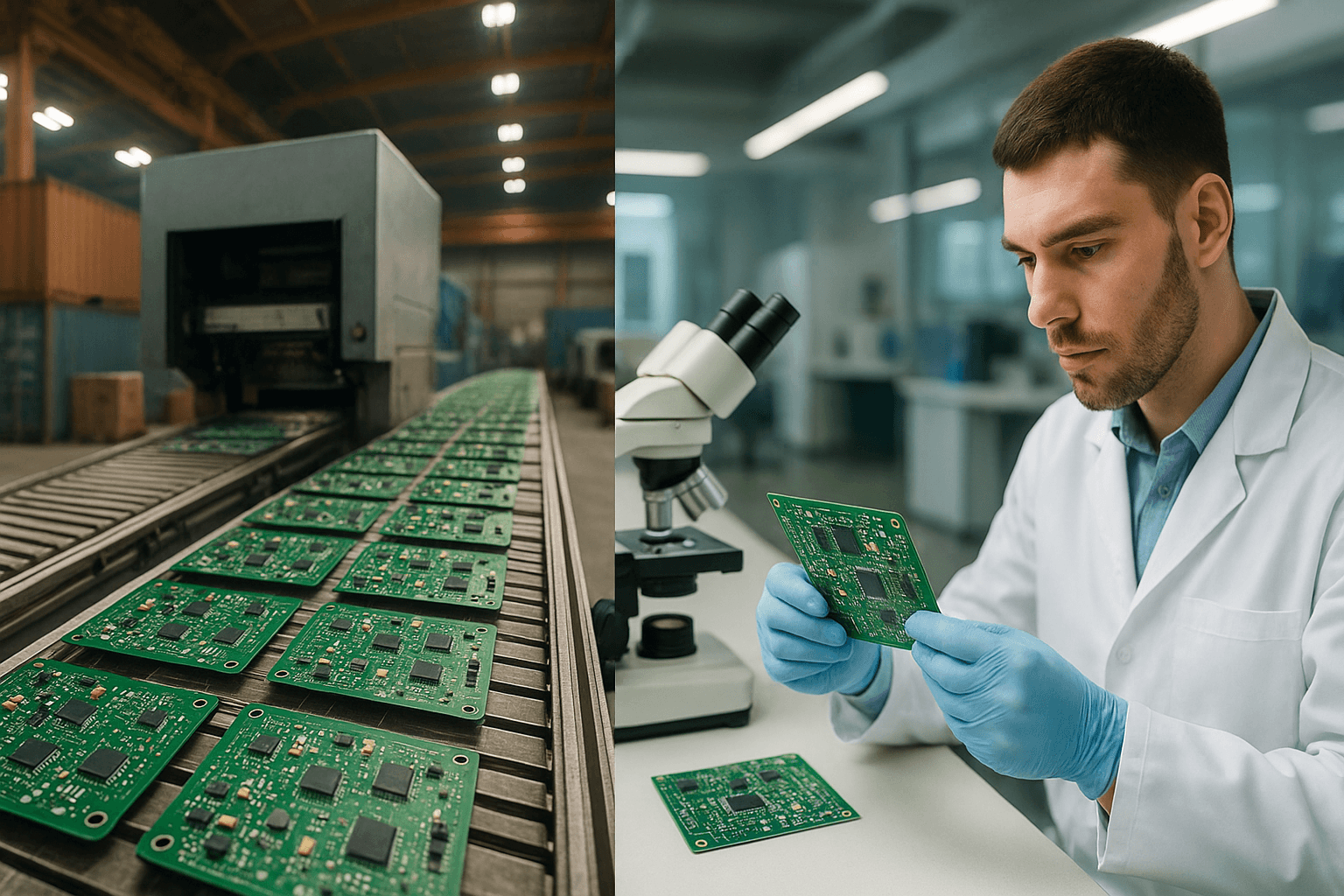 Side-by-side comparison of offshore PCB mass production and onshore lab inspection.