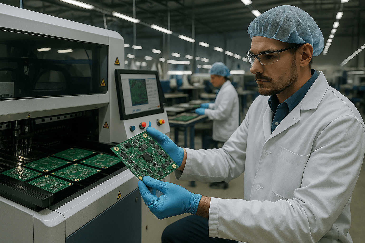 Technician in a clean lab inspecting a PCB next to automated assembly equipment.