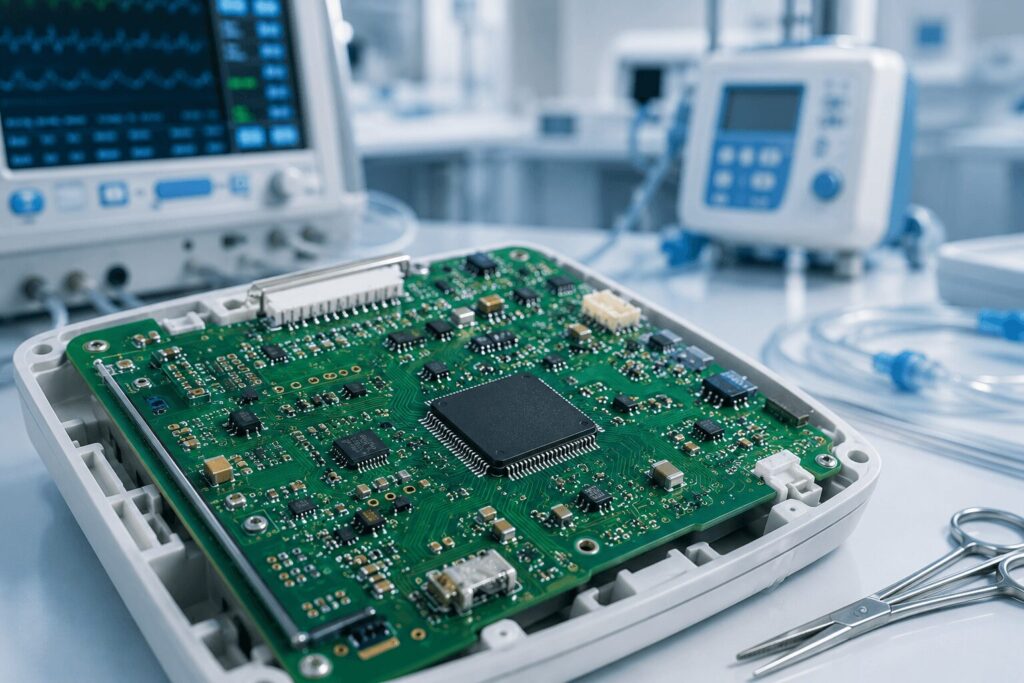 Printed circuit board (PCB) for a medical device displayed in a clinical environment, with medical monitoring equipment and surgical instruments visible in the background.