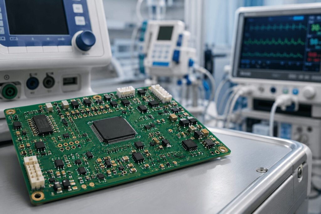Printed circuit board (PCB) positioned on a medical equipment workstation, with patient monitoring devices and diagnostic equipment visible in a clinical environment.