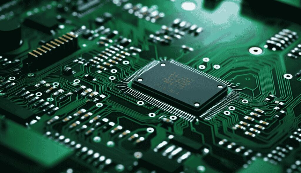 Close-up macro image of a green printed circuit board (PCB) featuring a central microchip surrounded by intricate copper traces and electronic components.
