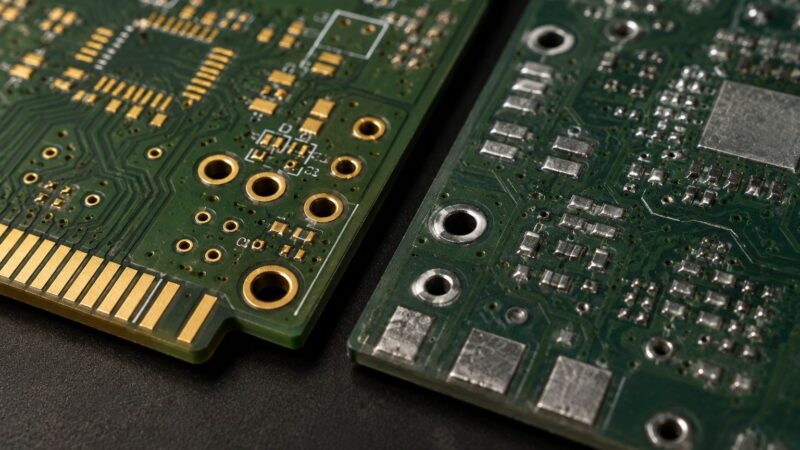 Side-by-side comparison of ENIG and HASL PCB surface finishes showing differences in pad appearance and solder coating.