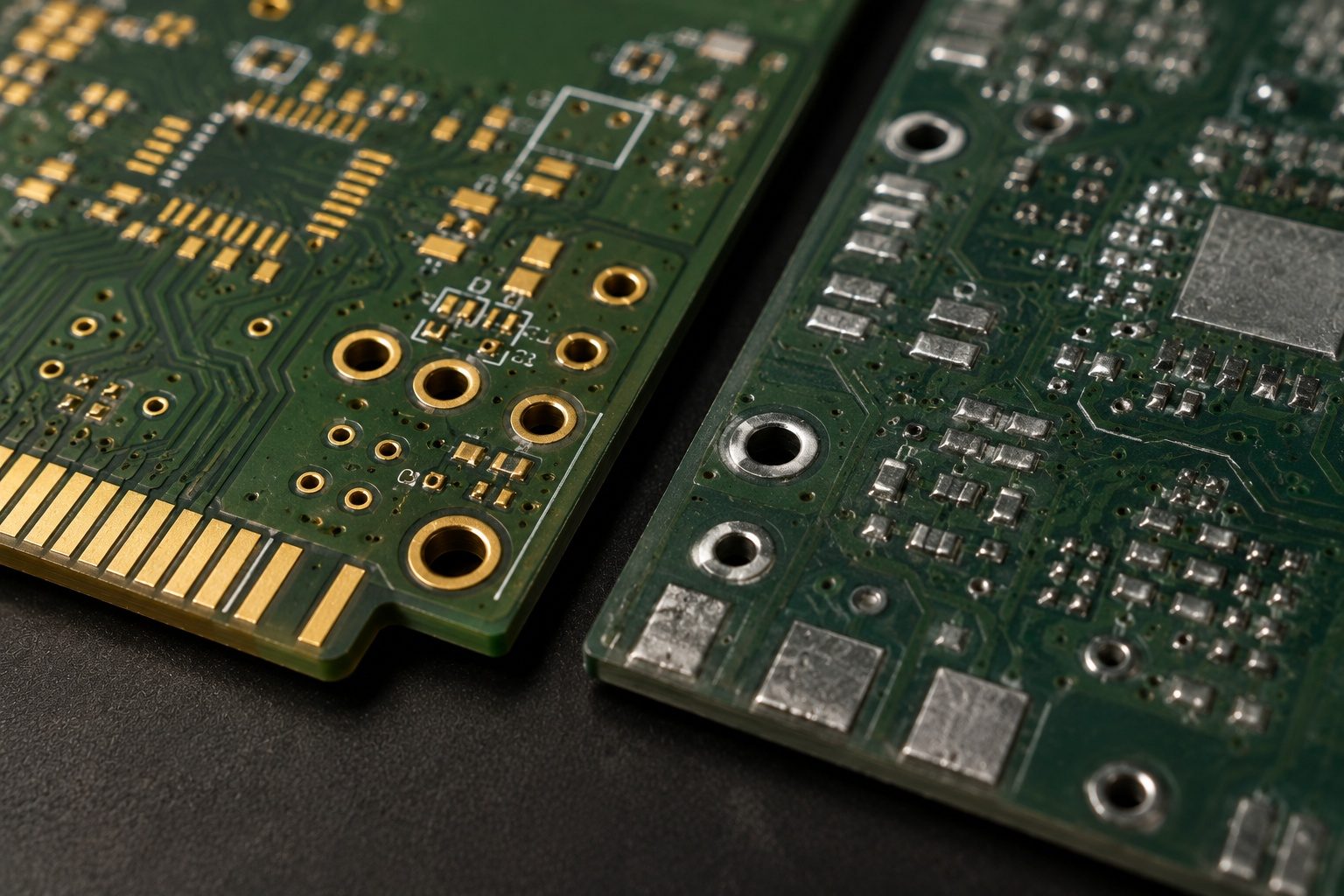 Side-by-side comparison of ENIG and HASL PCB surface finishes showing differences in pad appearance and solder coating.