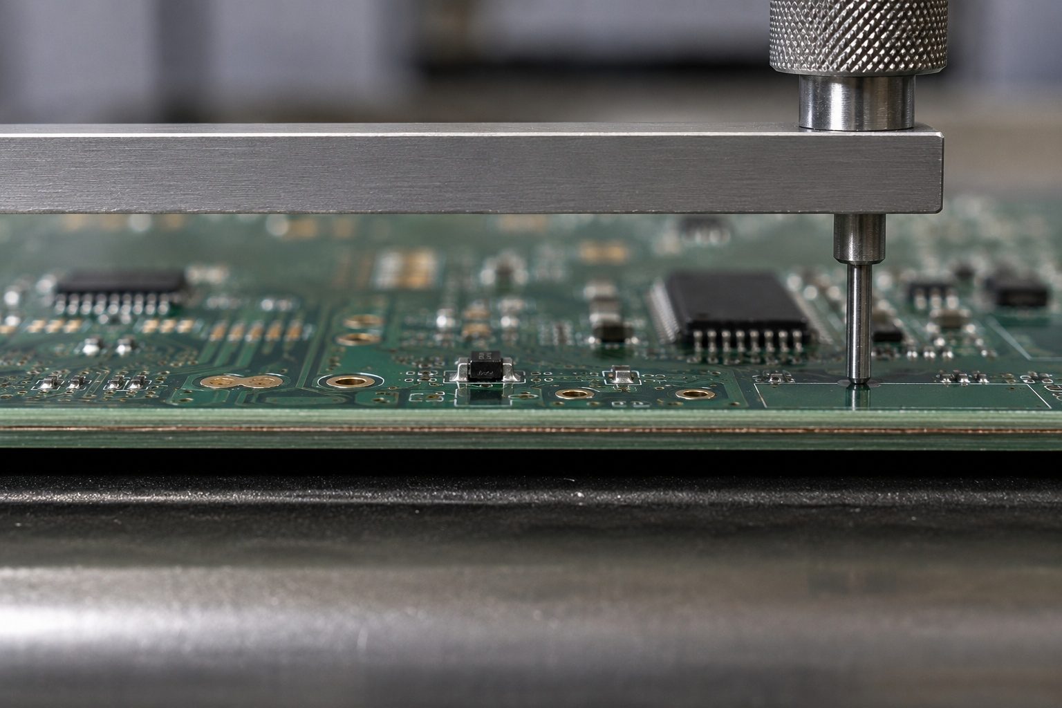 Precision inspection of a printed circuit board highlighting the importance of surface flatness for PCB assembly.