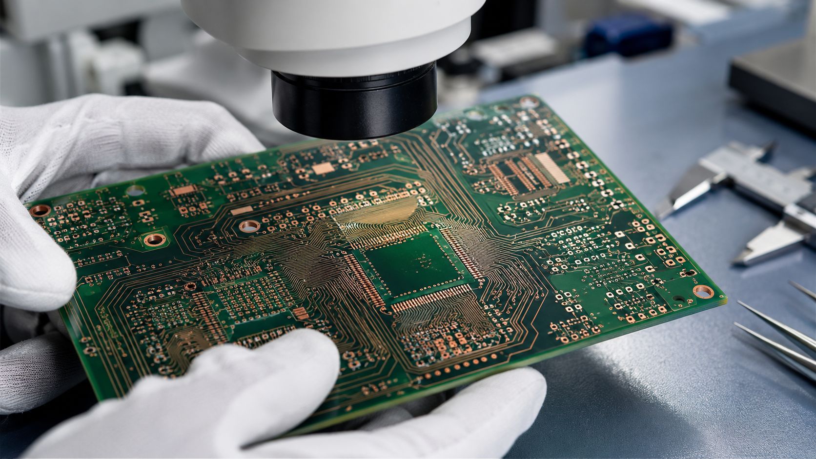Close-up inspection of copper traces and spacing on a printed circuit board beneath a microscope.