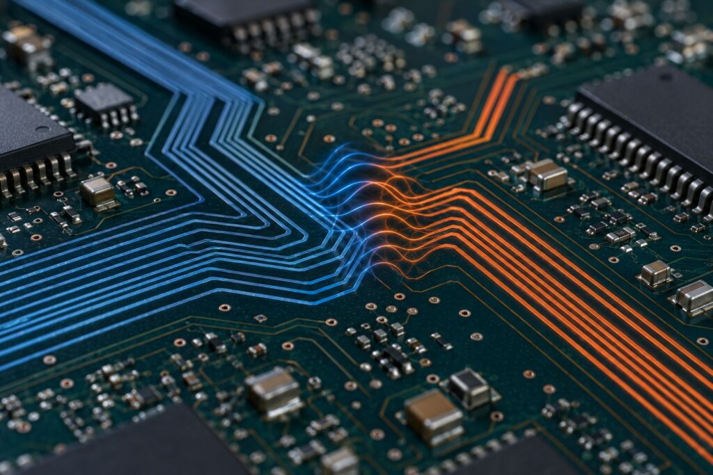 High-speed PCB traces showing signal interference and crosstalk between closely routed connections.