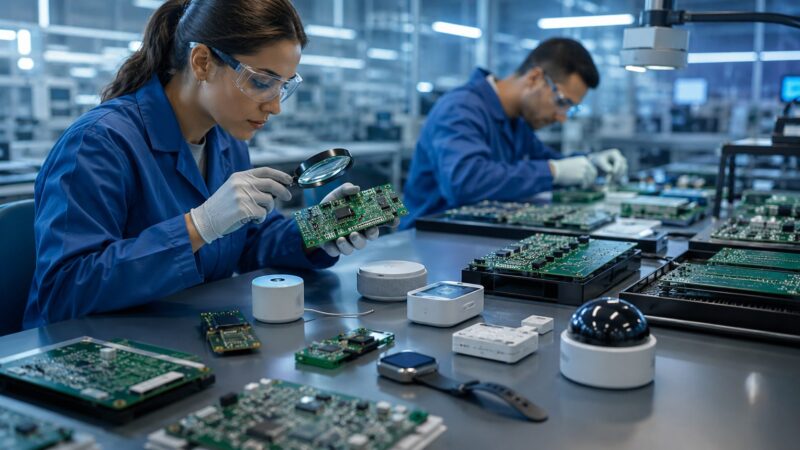 Electronics technicians inspecting printed circuit boards used in connected IoT devices.