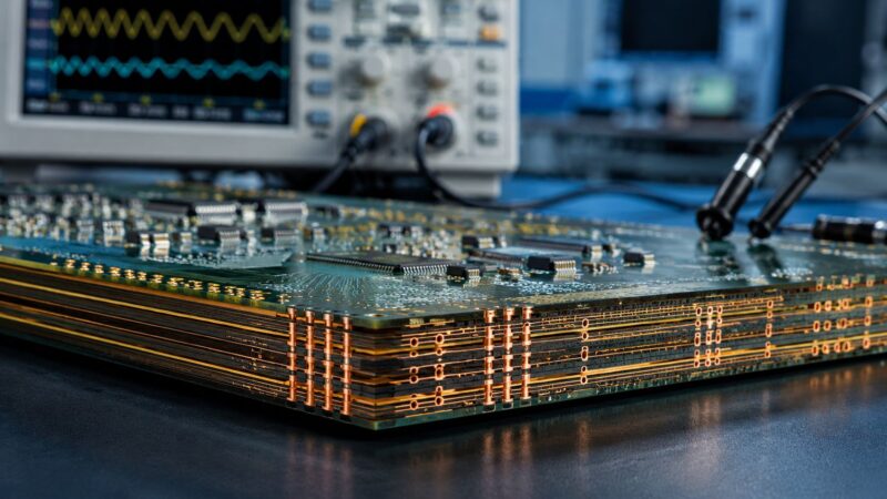 Multilayer PCB stackup being tested with probes and signal waveforms shown on an oscilloscope.