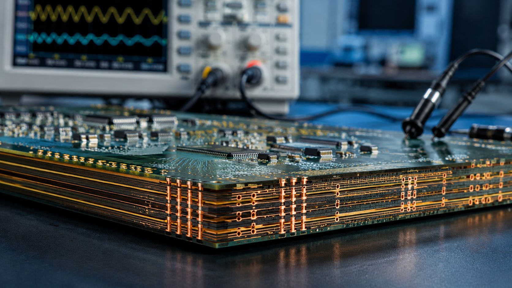Multilayer PCB stackup being tested with probes and signal waveforms shown on an oscilloscope.