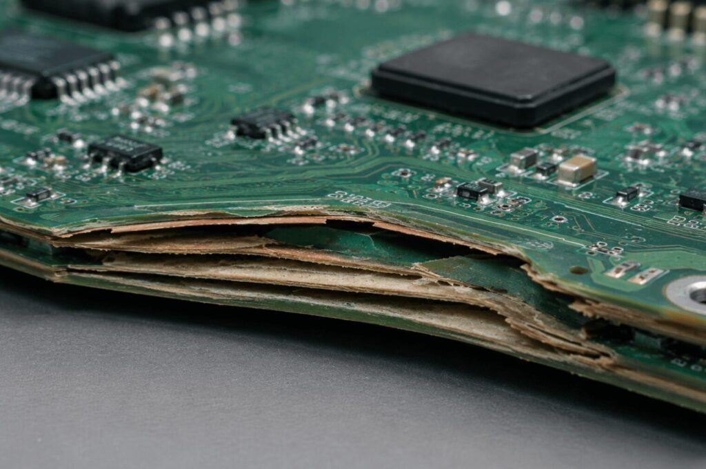 Close-up of a printed circuit board showing visible PCB delamination with separated internal layers and damaged laminate.