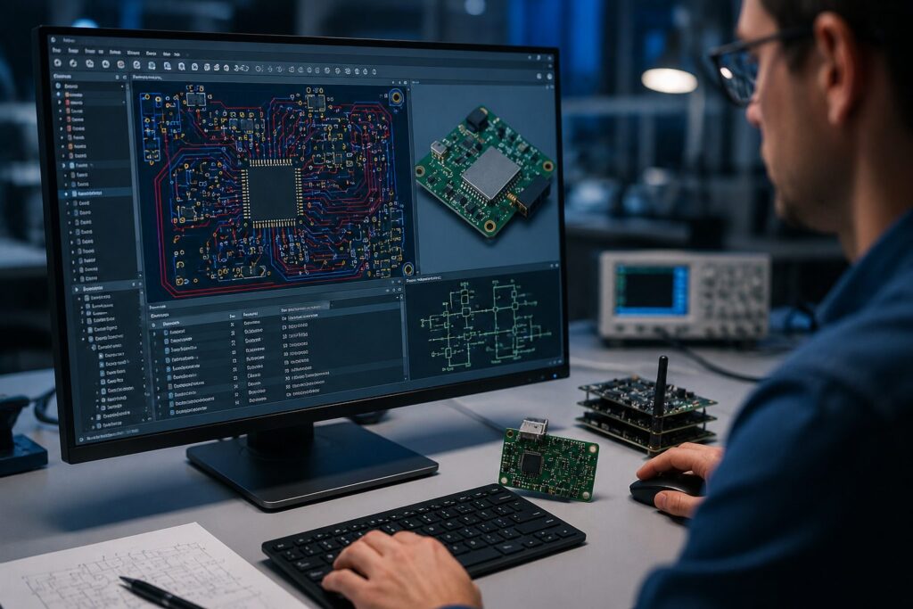 Engineer reviewing an IoT circuit board layout and electronic schematics on a computer.