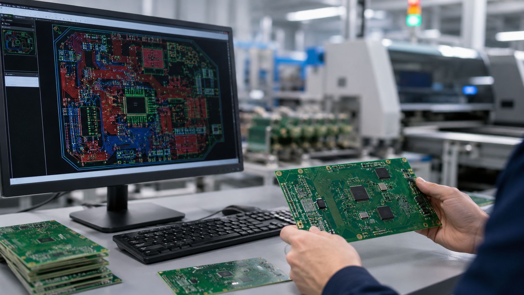 PCB manufacturer comparing a digital Gerber file design with a completed circuit board on the factory floor.