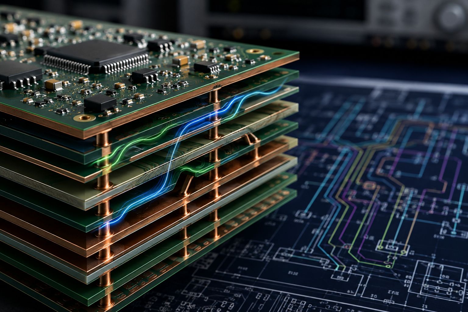 Close-up view of a multilayer PCB stackup showing copper layers, vias and high-speed signal paths.