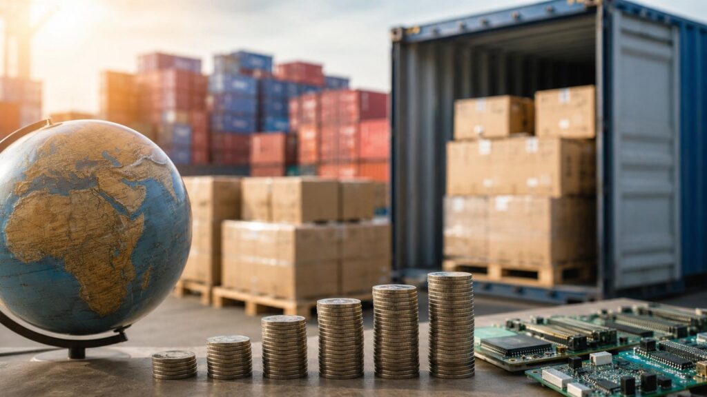 Stacks of coins beside circuit boards, shipping containers and a globe representing rising overseas manufacturing costs.