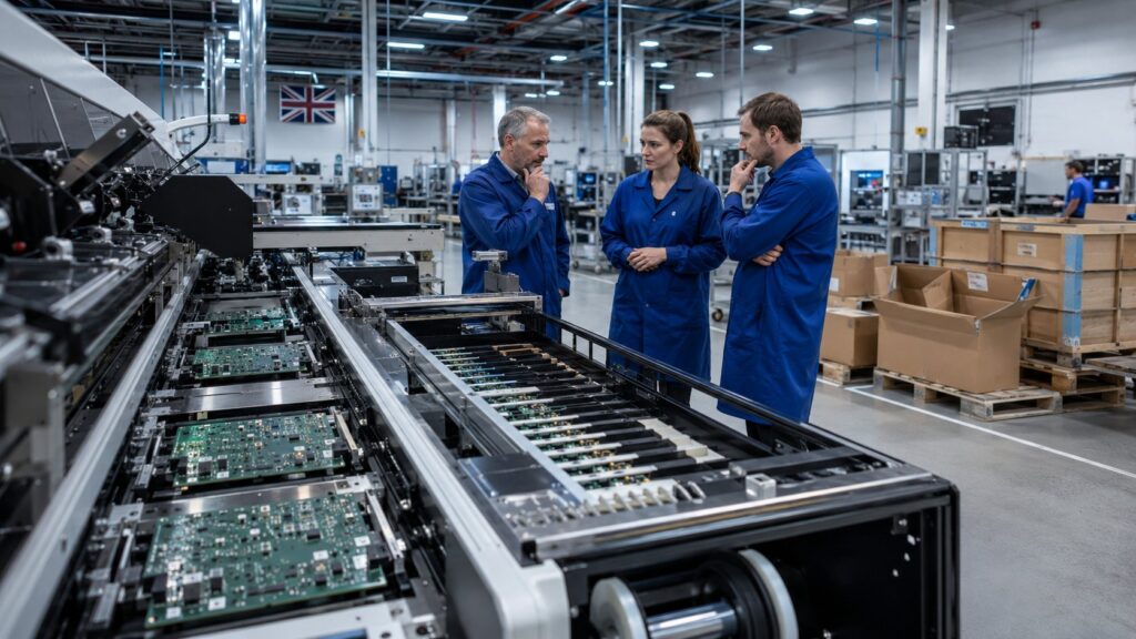 Electronics factory workers reviewing a halted PCB assembly line during manufacturing delays.