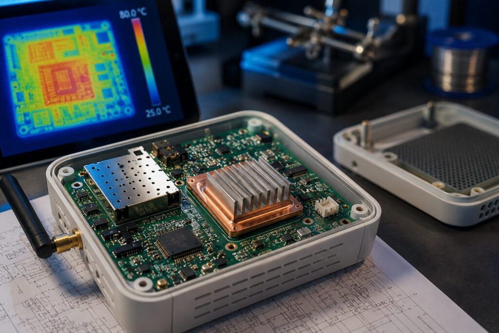 Open IoT device with a circuit board, heat sink and thermal imaging display during testing.