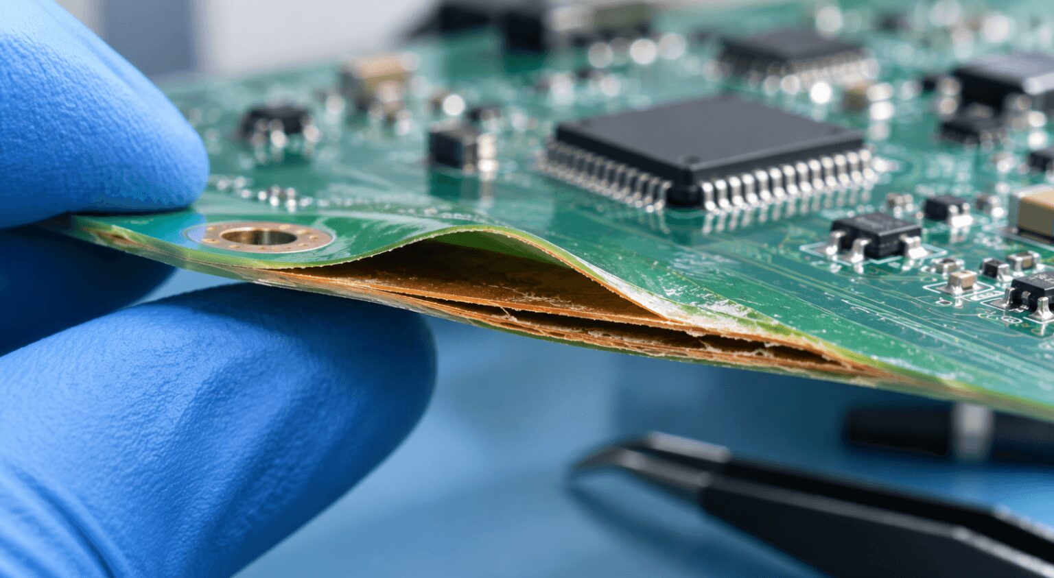 PCB being inspected with visible layer separation and board warping, highlighting common warning signs of delamination.