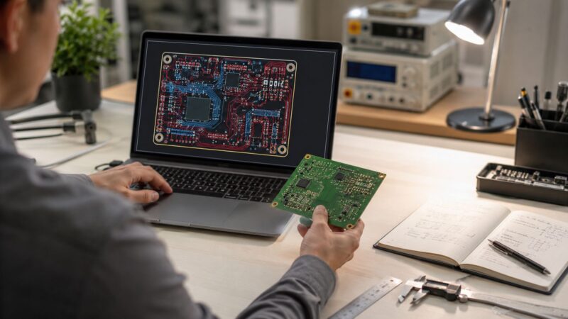 Engineer reviewing a PCB layout on a laptop while holding a finished circuit board at a workbench.