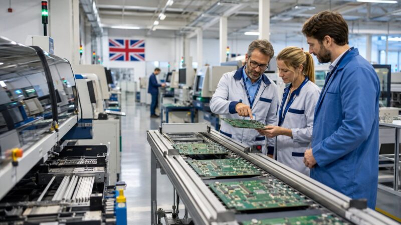 UK electronics manufacturing team inspecting printed circuit boards on a modern factory production line.