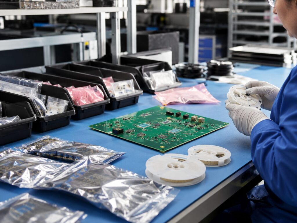 Consigned PCB assembly with customer-supplied components prepared beside a circuit board