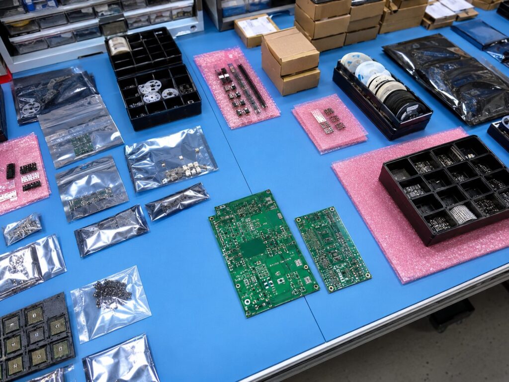 Consigned PCB assembly with customer-supplied components prepared beside a circuit board