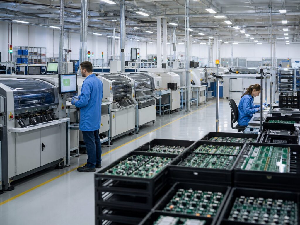 Contract electronics manufacturing production floor with automated PCB assembly equipment