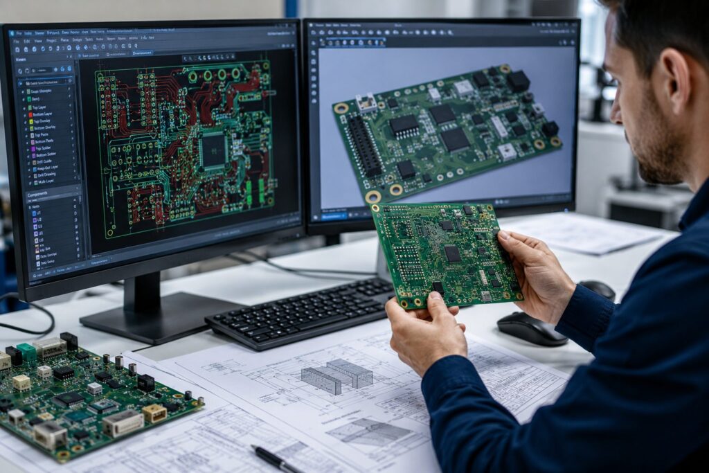 Engineer reviewing a printed circuit board against a digital PCB design before manufacture.