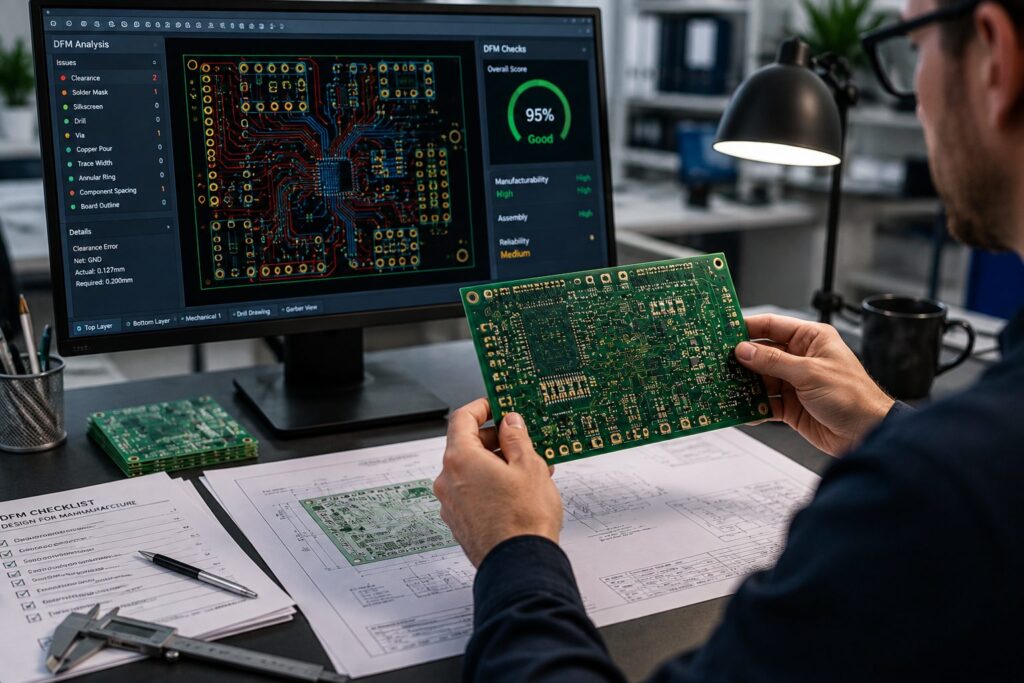Engineer carrying out a design for manufacture analysis on a PCB at a computer workstation.