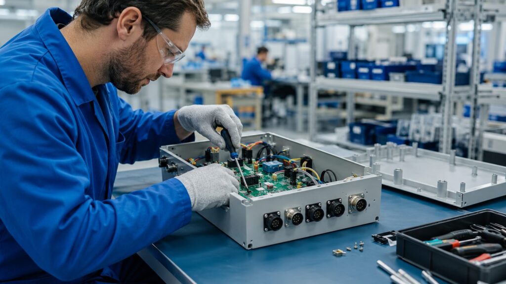 Technician assembling printed circuit boards and wiring inside an electronic enclosure.