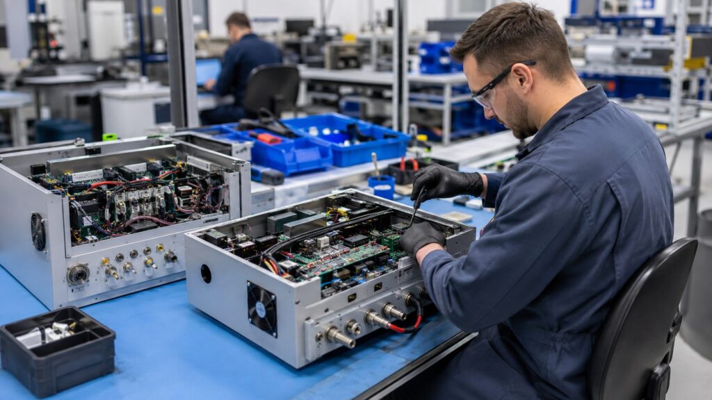 Engineer connecting wiring and components inside an industrial electronic box build.