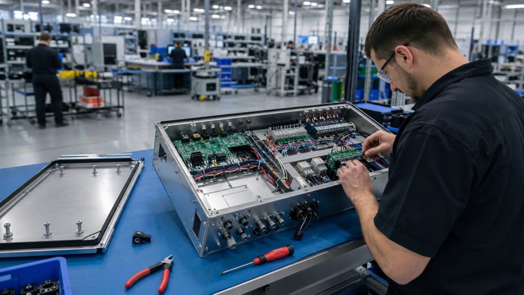 Technician completing final integration of circuit boards, cables and connectors inside an electronic enclosure.