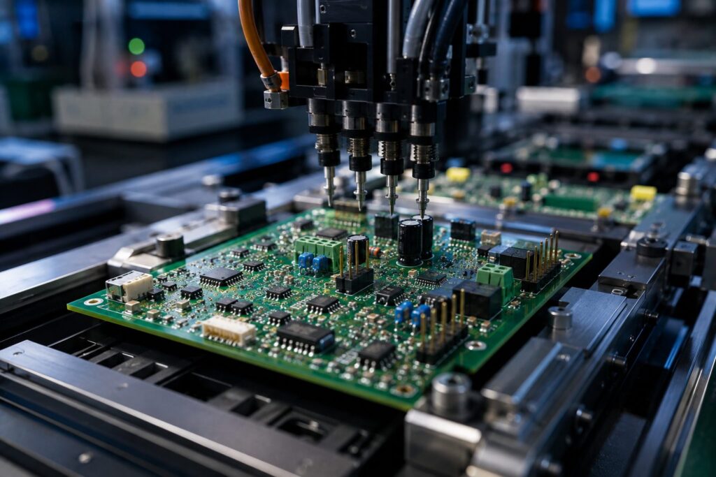 Automated machinery assembling components on a low-volume printed circuit board.